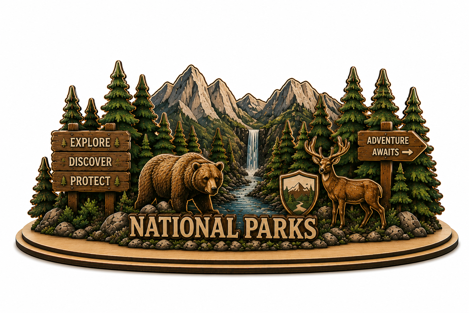 National Parks laser-cut wooden display stand with grizzly bear, stag, and waterfall